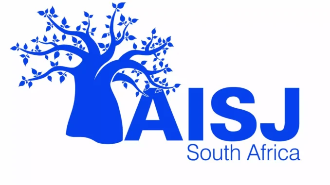 Image of a professional and friendly receptionist at a school front desk, with the AISJ logo in the background, representing the Receptionist job opening at AISJ Johannesburg Campus.