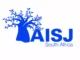 Image of a professional and friendly receptionist at a school front desk, with the AISJ logo in the background, representing the Receptionist job opening at AISJ Johannesburg Campus.