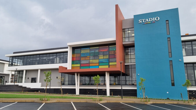 Exterior of the STADIO Higher Education campus building in Waterfall, South Africa.