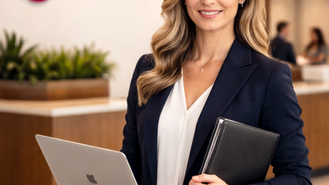 Professional administrator standing in a modern office with a laptop and folder, representing the company “fusion” logo in the background.