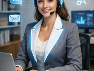Professional virtual assistant working on a laptop with headset in a modern office
