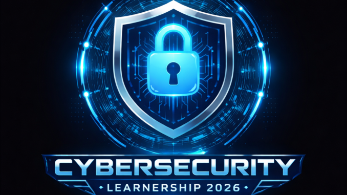 A futuristic blue cybersecurity logo featuring a shield with a glowing padlock in the center, surrounded by digital circuit rings and the text “Cybersecurity Learnership 2026” beneath it.