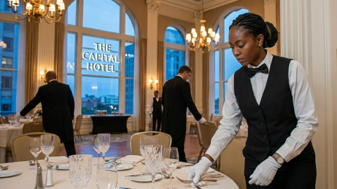 Hotel staff setting a fine dining table inside a luxury restaurant at The Capital Hotel