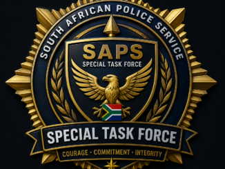 Gold and navy blue special task force style badge emblem with an eagle, shield, and decorative starburst design on a dark background.