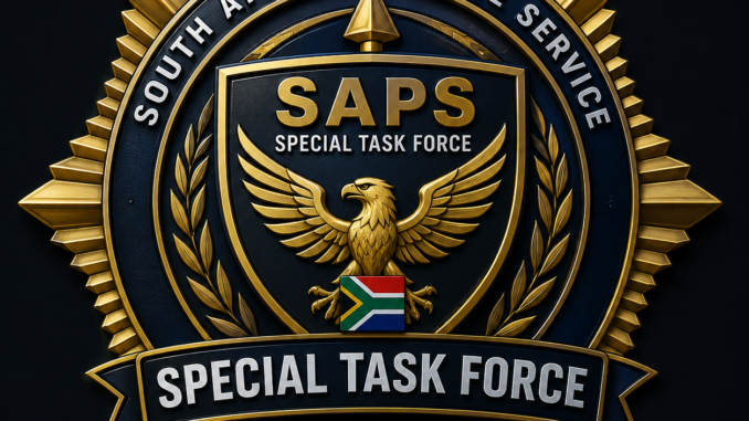 Gold and navy blue special task force style badge emblem with an eagle, shield, and decorative starburst design on a dark background.